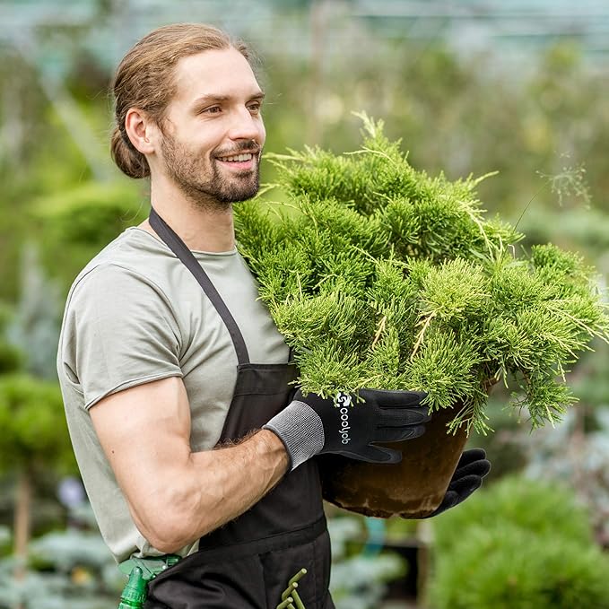 COOLJOB Gardening Gloves for Men, 6 Pairs Breathable Rubber Coated for Garden Weeding Landscaping, Outside Work for Lawn Yard, Men's Medium Size, Black & Red