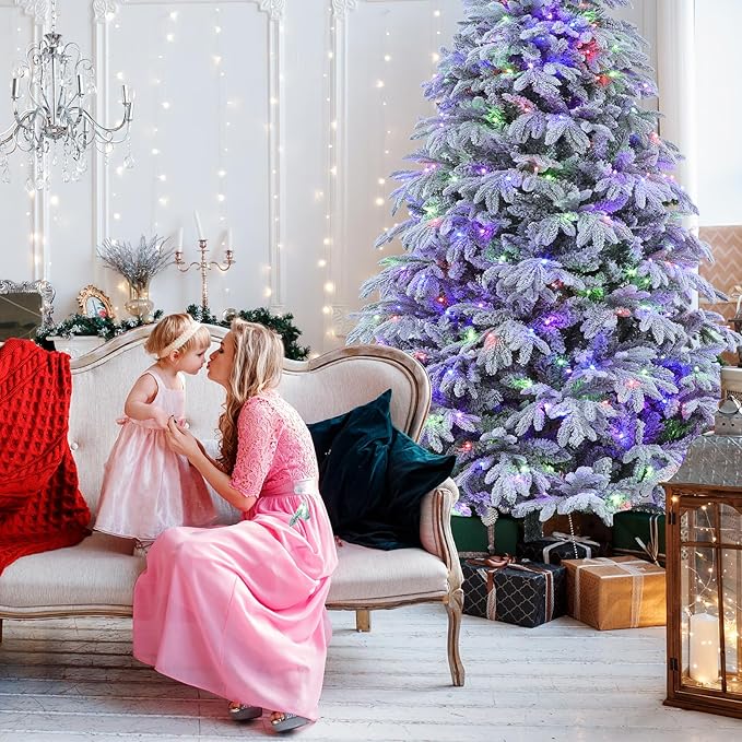 Flocked Spruce Artificial Christmas Tree - 7.5 ft Prelit with 10 Functions Colorful Lights & 2700 Realistic Tips, Firm Metal Stand & 400 Lights, Easy Assembly