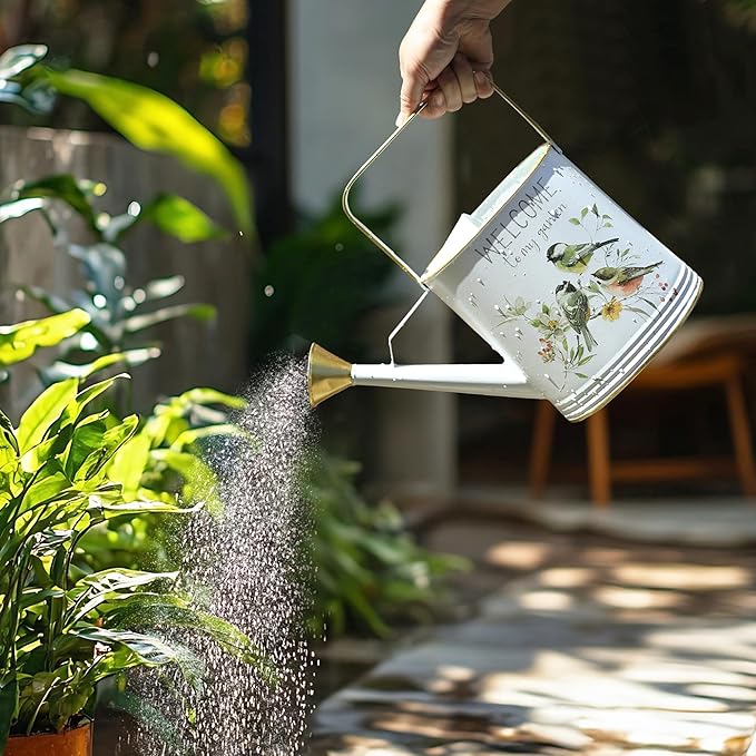 Vintage Decorative Metal Watering Can - Welcome to My Garden with Charming Bird & Floral Design, Rustic Farmhouse Watering Pot Planter for Indoor/Outdoor Plant Care