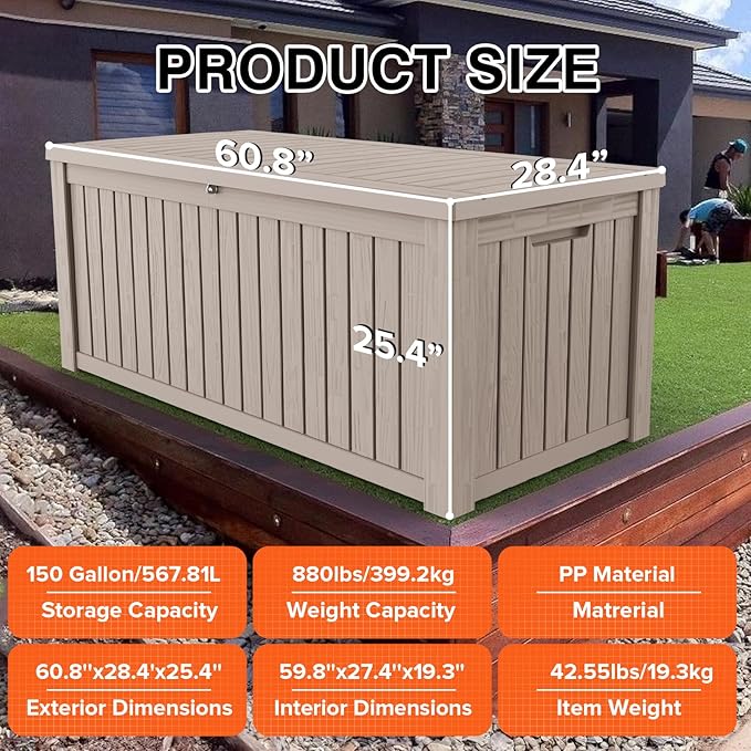 EasyUp 152 Gallon Deck Box Waterproof, UV Resistant Resin Outdoor Storage Box with Hydraulic Rod, Lockable Design and Enhanced Durability for Patio, Garden, and Poolside Use