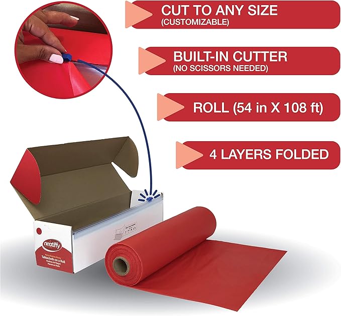 Neatiffy Disposable Plastic Table Cloth Roll | 54 in x 108 Ft Waterproof Tablecloth | Table Cover for Rectangle, Square, Round Oval Tables | Picnic, Party, Banquet, Birthdays, Weddings - Red