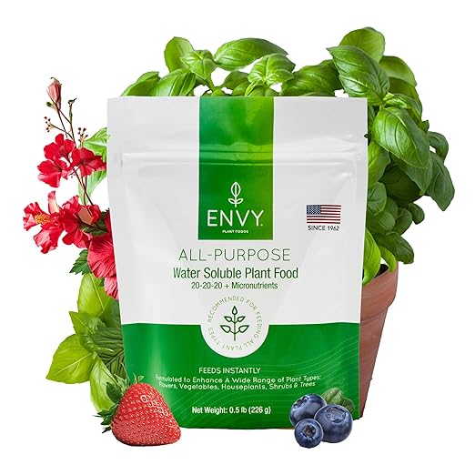 ENVY All-Purpose Plant Food (20-20-20) | 100% Water Soluble, Professional Grade | Resealable Pouch W/Measuring Scoop (0.5 lb)