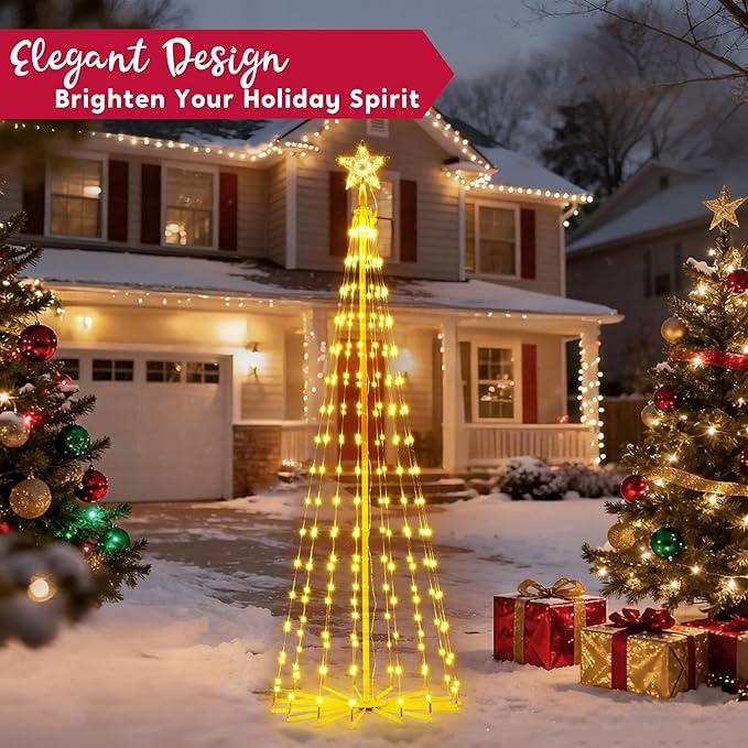 JOIEDOMI LED Christmas Cone Tree Lights, 6FT Outdoor Lighted Tree with 8 Lighting Modes & Star Topper, Christmas Decorations for Yard Porch Patio Garden Holiday Decor, Multicolor