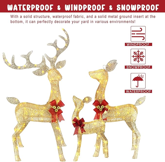 Light Up Christmas Reindeer Decor Set of 3 (4ft Tall) with 240 LED Lights, Ideal as Outdoor Christmas Decorations Yard Display or Indoor Home Decor, Features Sturdy Metal Frame and Ground Stakes