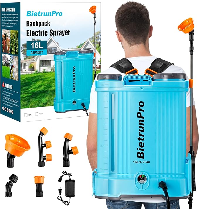 Backpack Sprayer 4 Gallon with Mixer, 100 PSI Powerful Pressure Pump Battery Powered Weed Insecticide Sprayer, Spray of 4 Hours, Telescopic Wand, 5 Nozzles, Ergonomic Backpack, for Lawn Garden, Farm