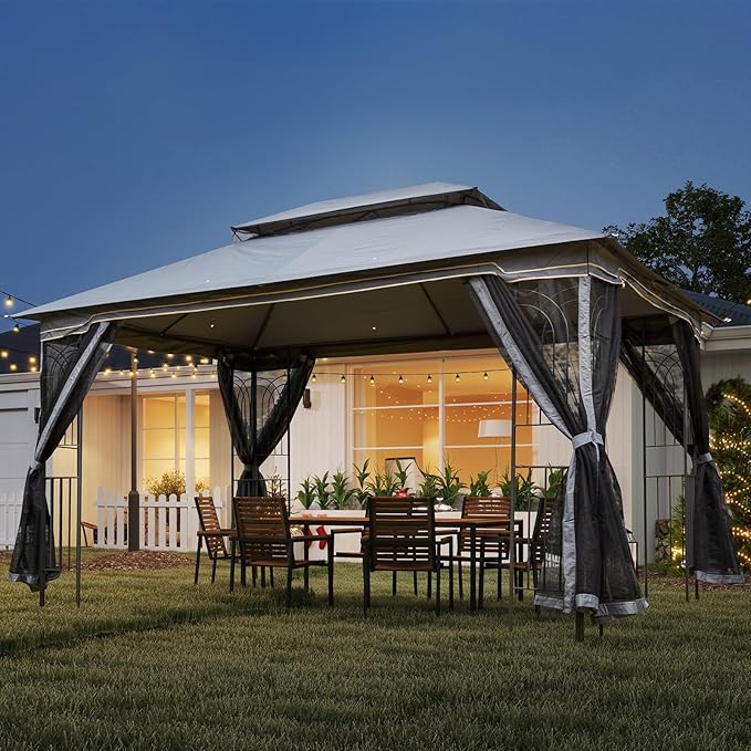 ECOTOUGE 10' X 13' Outdoor Gazebo, Soft Double Roof Canopy Tent with Mosquito Netting, Party Tent Shelter with Corner Frame Shelves for Patio, Backyard, Deck, Grey