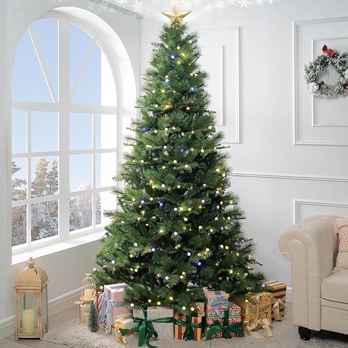 Evangeline 6.5ft Rotating Christmas Tree with Star Projector, 1024 Branch Tips, 380 Warm Lights and Rotating Base, 45" Wide Realistic Traditional Christmas Tree with Lights by Naomi Home