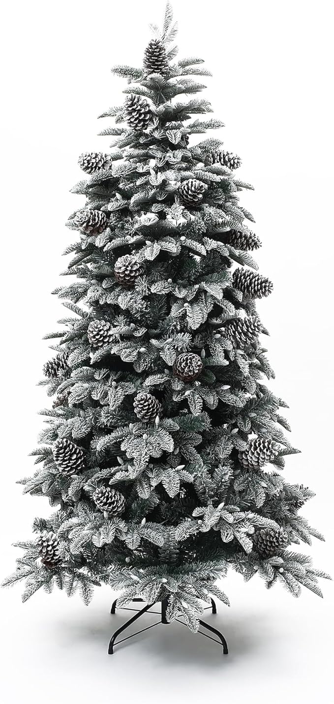 LuxenHome 6FT Christmas Tree with Lights, Flocked Artificial Christmas Tree with 8 Lighting Functions, 250 LED Lights, Pine Cone, Prelit Xmas Trees for Indoor and Outdoor Holiday Decor
