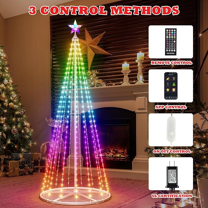 6FT Outdoor Christmas Tree Lights, Multicolor Prelit Smart Cone Christmas Tree with Star Topper, Music Sync, App & Remote Control, LED Light Show Tree for Indoor Outdoor