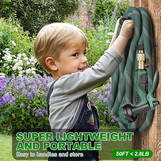 50 ft Garden Hose, 2025 Upgarded Flexible Water Hose 50ft With 10-Pattern Spray Nozzle, Kink-Free, Lightweight, Durable, Leak-Proof Solid Brass Fittings (DarkGreen)