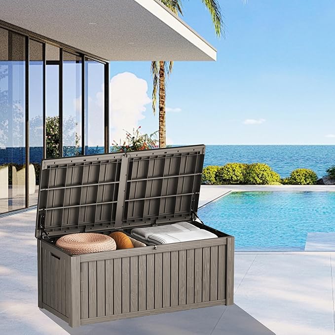180 Gallon Waterproof Large Resin Deck Box Indoor/Outdoor Lockable Storage Container and Seating for Garden, Pool, and Patio (180 Gallon, Grey)