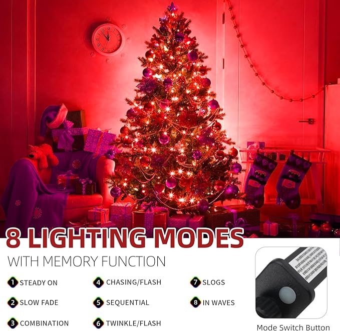 105FT 300LEDs Christmas Lights Outdoor Indoor 8 Modes for Christmas Tree Party Decoration, 100% UL Listed (Red, 105 FT)