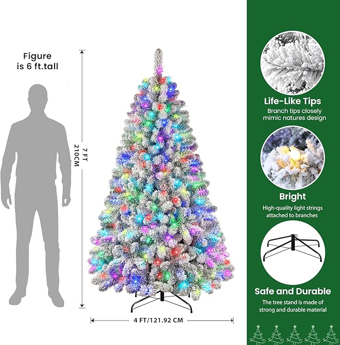 SHareconn 7ft Prelit Snow Flocked Spruce Artificial Christmas Tree with Remote (2025 Upgraded), 400 Pre-Lit Multi-Color RGB Lights, Full Snow Branch Tips for Home, Office, Xmas Decoration, 7 FT