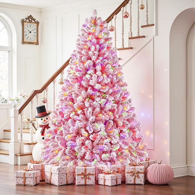 SHareconn 6ft Pre-Lit Flocked Spruce Artificial Hinged Christmas Tree with Remote, Timer and 330 Warm White & Multi-Color Lights, 950 Branch Tips, Perfect Choice for Xmas Decoration, 6 FT, Pink