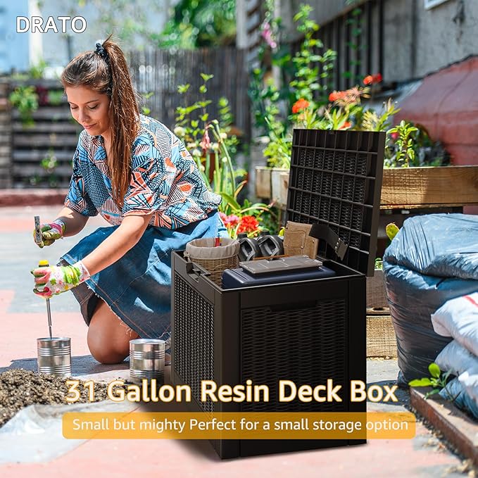 DRATO 31 Gallon Deck Box, Outdoor Storage Box for Patio Cushion, Garden Tools, Waterproof Resin Storage Box (Black)