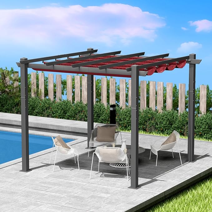 Kozyard Morgan Outdoor Retractable Pergola with Sun Shade Canopy Patio Aluminum Pergola Shelter for Backyard Deck Garden Modern Metal Grill Gazebo (10' x 10', Burgundy)