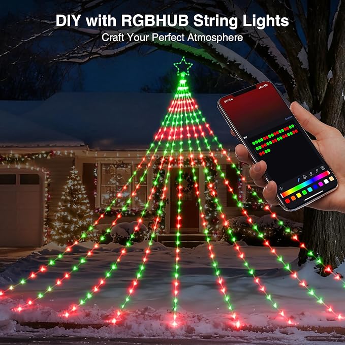 Probro 12ft Outside Waterfall Christmas Tree Lights, App Remote-Controlled RGB Christmas Shooting Star Lights with Music Sync, 85 Dynamic Effects & DIY Mode for Outdoor Xmas New Year Yard Decor
