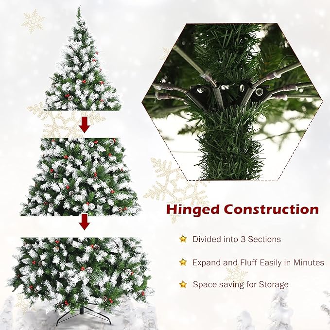 SIMOE 6ft Pre-lit Artificial Christmas Tree, Snow Flocked Xmas Tree for Home, Office, Party Decoration with 818 Branch Tips, Pine Cones & Red Berries, Easy Assembly, Metal Base