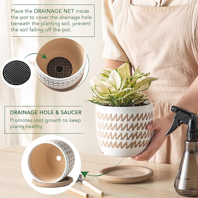 Ceramic Flower Pots Indoor-Outdoor: 5.75 Inch Planters with Drainage Holes & Saucer - Modern Decorative Plant Pots Ceramic for Home Gardeners (Wave)