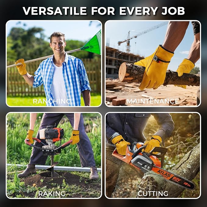 Leather Work Gloves, Reinforced Durable Gardening Gloves,Cowhide Work Gloves,Puncture & Cut Resistant