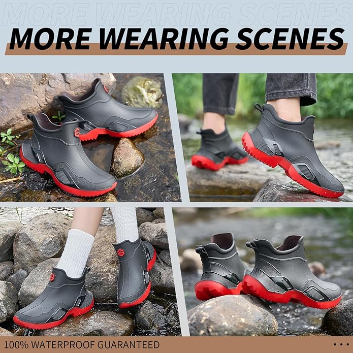 Women's Ankle Rain Boots - Slip On Waterproof Festival & Garden Shoes for Men - Comfortable Lightweight Rubber Wellies with Decorative Buckle