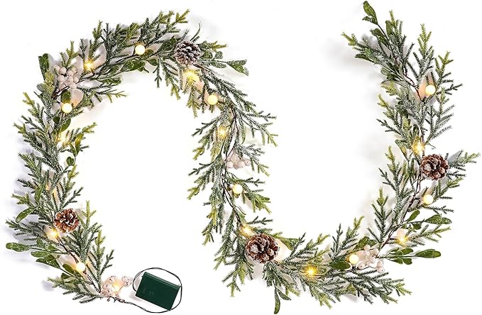 9FT Snow Cedar Pine Garland,Prelit Christmas Garland with Timer,Realistic Garlands Battery Operated for Winter Holiday Outdoor Staircase Decorations 30LED