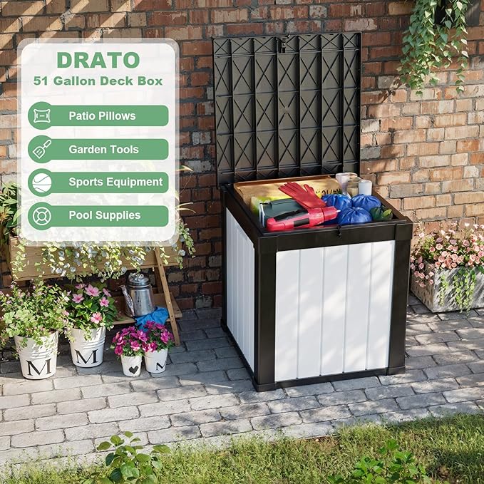 DRATO 50 Gallon Deck Box, Outdoor Storage Box for Patio Cushion, Garden Tools, Waterproof Patio Storage box, Lockable (Black and White)
