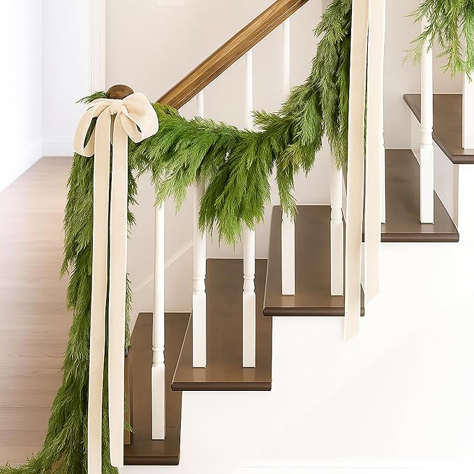 Janinka 6 Pcs Beige Velvet Christmas Swag Bow 31.5 x 23.6 inch Large Neutral Cream Christmas Ornament Vintage Rustic Velvet Staircase Wreath Bows Xmas Tree Topper Bows Large Bow for Outdoor