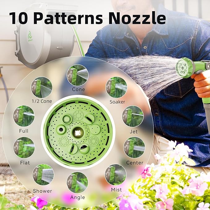 PINWHEEL 5/8in 100FT Retractable Garden Hose Reel, Automatic Retractable Hose with 10-Pattern Spray Nozzle, 180° Swivel Bracket, 3-Layer PVC Durable Water Hose for Yard Lawn Care (100 FT)
