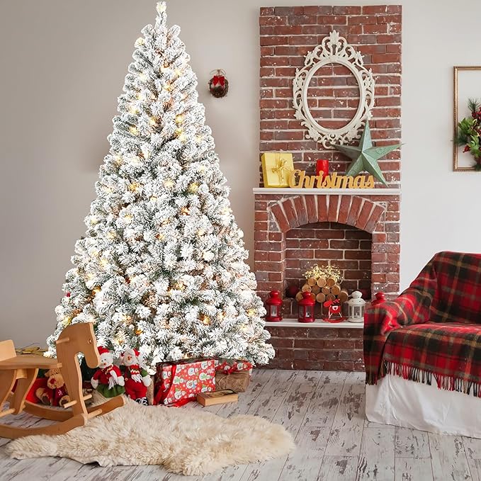 5FT Pre-Lit Flocked Christmas Tree with 150 Warm White Lights, Full White Christmas Tree with Premium PVC Branches,Realistic Snowy Look, Indoor Fake Snow Xmas Tree for Home Office Shops