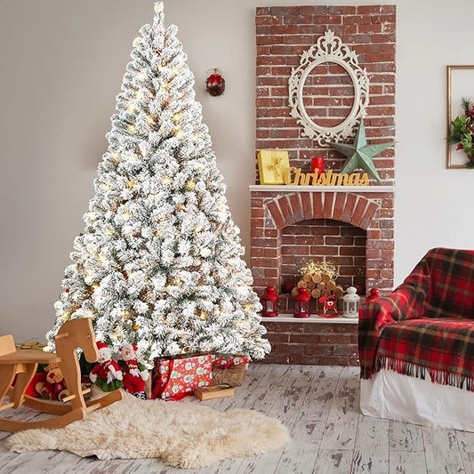 5FT Pre-Lit Flocked Christmas Tree with 150 Warm White Lights, Full White Christmas Tree with Premium PVC Branches,Realistic Snowy Look, Indoor Fake Snow Xmas Tree for Home Office Shops