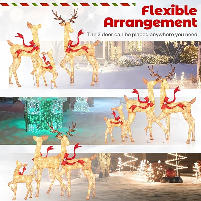 Tangkula 3-Piece Lighted Christmas Reindeer Family Set, 6 FT Xmas Lighted Deer Decorations with 440 Warm White LED Lights & Stakes, Indoor & Outdoor Holiday Decor for Front Yards Garden Lawn Patio