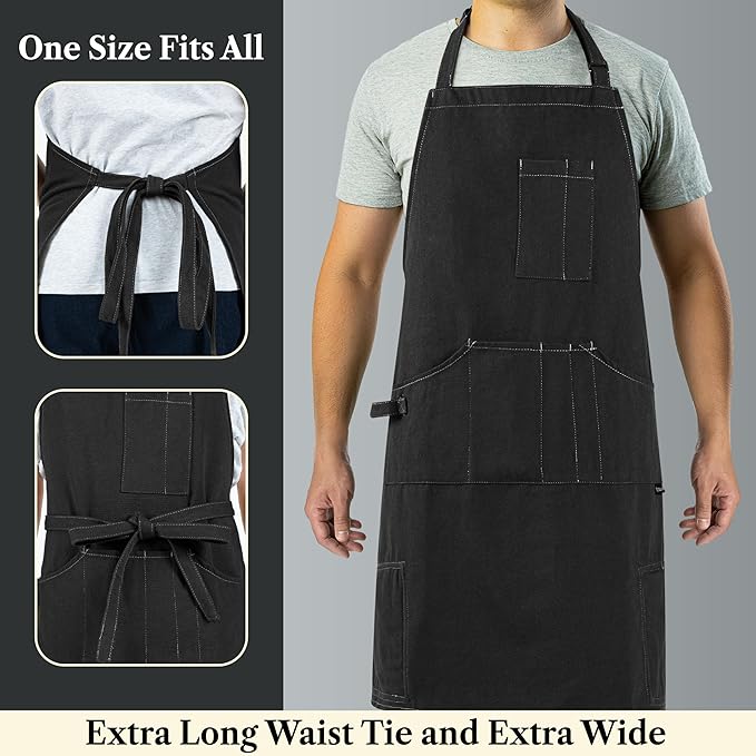 opux Chef Apron for Men, Kitchen Apron with Pockets for Women, Large Unisex Canvas Apron for Cooking Grilling BBQ Baking.