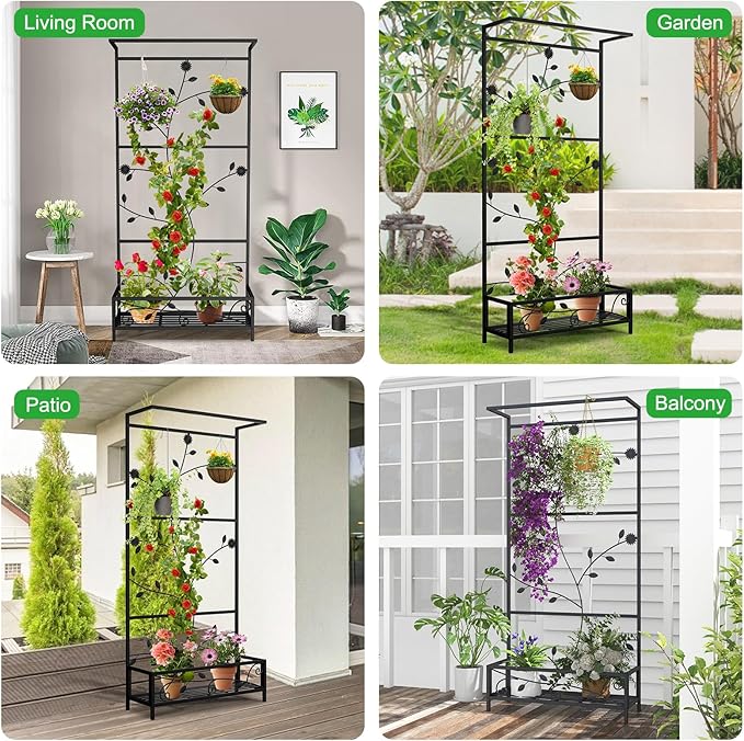 MOTION Metal Planter with Trellis - Raised Bed with Trellis for Vine Climbing Plants Flowers, 74.6 Inch Height Privacy Screen with Hanging Plant Pot Shelf, Black