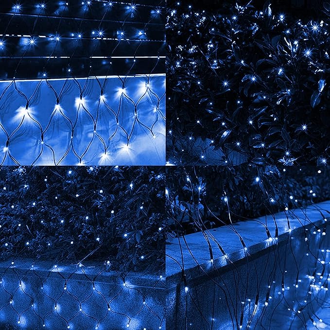 Dazzle Bright Christmas Net Lights, 360 LED 12FT x 5 FT Green Wire Waterproof Connectable String Lights with 8 Modes, Christmas Outdoor Light for Bushes Garden Party Wedding Holiday Decoration (Blue)