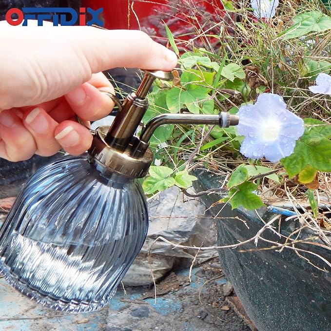 OFFIDIX Plant Mister plant water Spray Bottle, 6.3" Tall Vintage Style with Bronze Plastic Top Pump One Hand Glass Watering Can for Indoor Potted Plants Terrariums (Dark Gray)