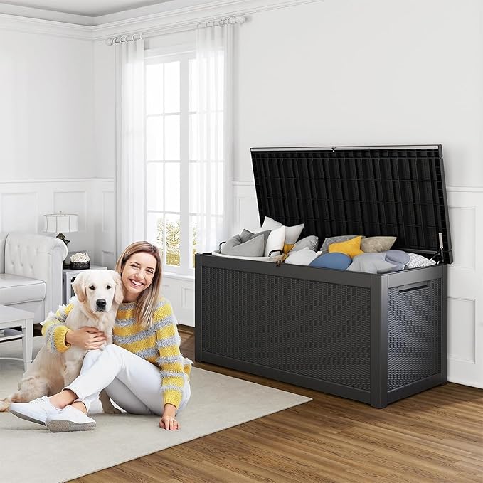 260 Gallon Resin Deck Box, Lockable Patio Outdoor Storage Box for Furniture, Garden Tools and Tools Storage, Waterproof Outside Storage Boxes - Black