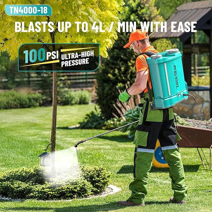 Backpack Sprayer 4 Gallon Battery Powered Electric - 2 * 2000mAh Battery Lawn Sprayer 100PSI Adjustable Pressure with 2 Wands, 6 Nozzles, Lawn Yard Weed Battery Sprayer for Garden