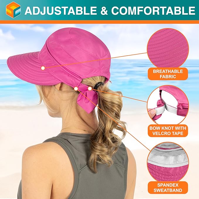 SUN CUBE Women Sun Hat for Outdoor UV Protection, Wide Brim Sun Hat Ponytail, Convertible Zip-Off Beach Hat Visor
