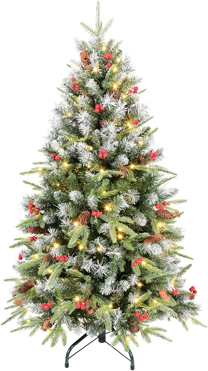 4Ft Pre-Lit Artificial Christmas Tree Fully Pre-Decorated with 747 Flocked Frosted Tips, 35 Berries, 35 Pine Cones, 150 Lights, Realistic Xmas Tree with Metal Hinges& Floded Stand
