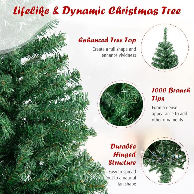 Goplus 6ft Artificial Christmas Tree, Premium Unlit Hinged Spruce Full Tree with 1000 Branch Tips, Metal Stand, Hinged Structure, Easy Assembly Festival Celebration Xmas Tree for Home, Office, Party