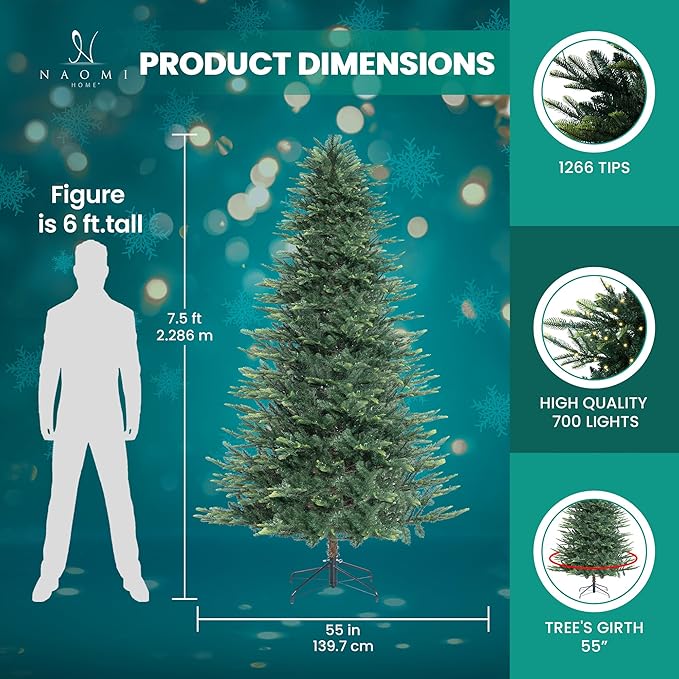 Naomi Home Lujan 7.5ft Prelit Aritificial Christmas Tree with 1266 Branch Tips, 700 Warm Lights and Metal Stand, 55" Wide Realistic Nordic Christmas Tree with Lights