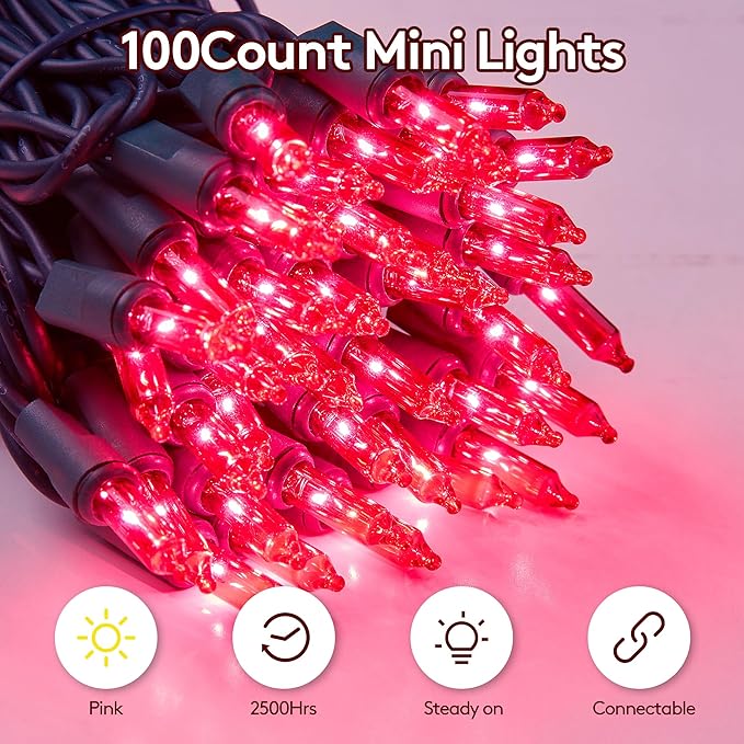 Christmas Lights Indoor Outdoor 100 Count Incandescent Light UL Certified Connectable Christmas Tree Lights with Green Wires for Xmas, Wedding, Holiday, Party, Home, Valentines Day Decoration(Pink)