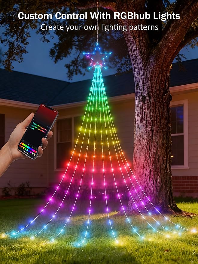 Probro 12ft Outside Waterfall Christmas Tree Lights, App Remote-Controlled RGB Christmas Shooting Star Lights with Music Sync, 85 Dynamic Effects & DIY Mode for Outdoor Xmas New Year Yard Decor