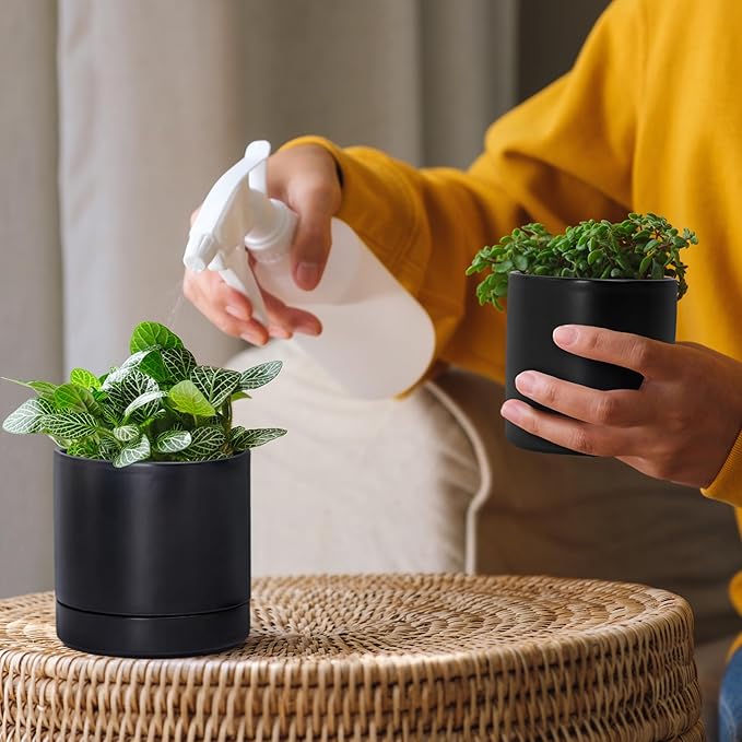 D'vine Dev 3.5 Inch & 4.7 Inch Ceramic Planter Pots for Plants with Drainage Hole and Saucer, X-Small Plant Pots Set, Black, 94-G-XS-2