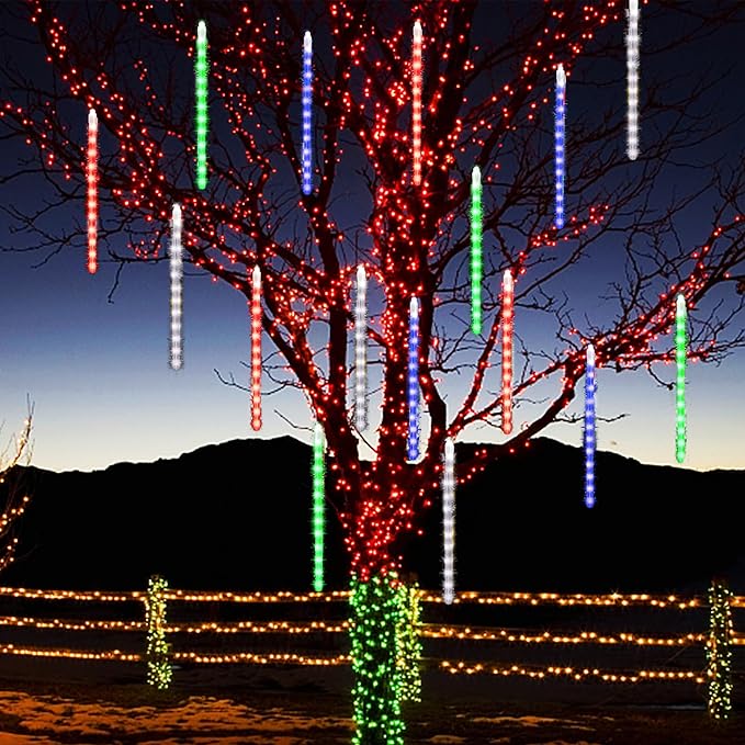 LJLNION Meteor Shower Lights, 12 Inch Outdoor Icicles Christmas Lights, 8 Tubes 288 LED Iciclelights Snow Falling Light, Connectable Raindrop Light, Xmas Wedding Party Tree Holiday Decor, Multicolor
