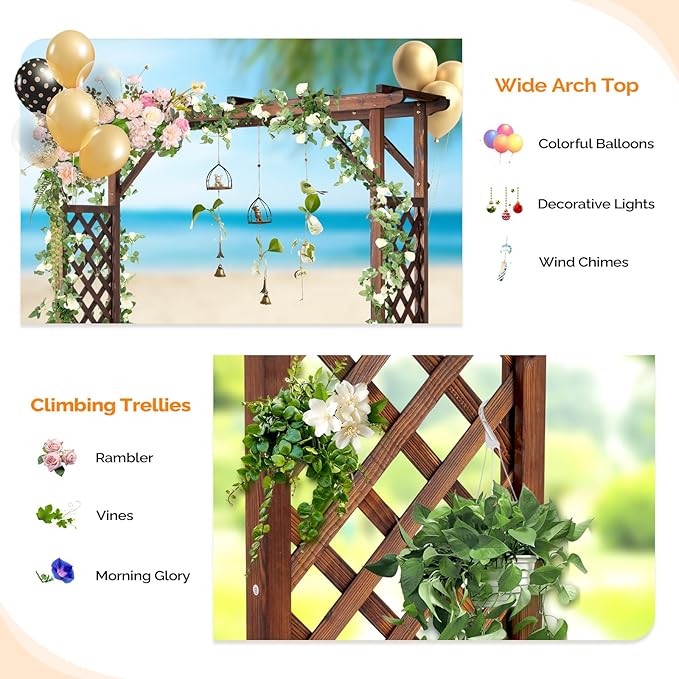 VINGLI Wooden Garden Arbor with Planter, Wedding Arch for Ceremony, Wood Garden Arbour Trellis for Plant Climbing, Pergola for Garden Backyard, Lawn, Outdoor (Carbonized Wood)