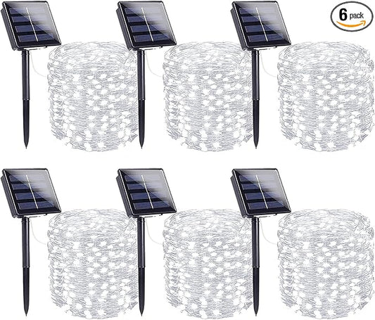 6 Pack Solar String Lights Outdoor, Extra-Long 600LED Fairy Lights Outdoor Waterproof, Solar Twinkle Light Silver Wire 8 Modes Fairy Light for Xmas Tree Party Wedding (Cool White)