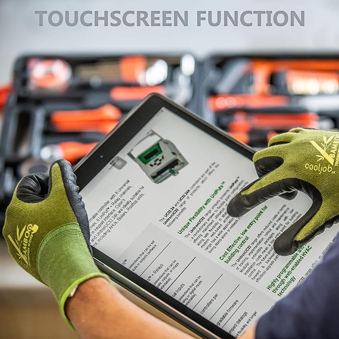 COOLJOB 2 Pairs Gardening Working Gloves for Men and Women, Touchscreen, Grippy Nitrile Rubber Coated for Garden Yard, Green/Black,Medium Size (M)