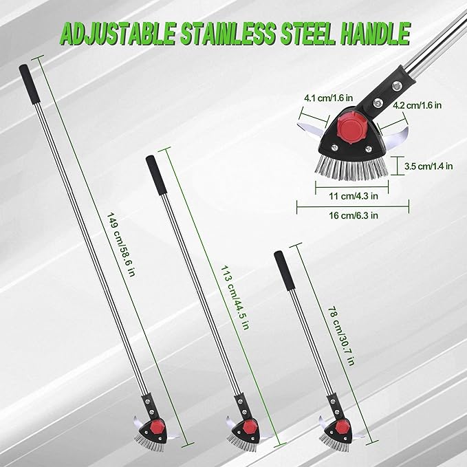 Crack Weeder Long Handle 3-in-1 Adjustable Crevice Cleaning Tool with Stainless Steel Weed Brush with 2 Scrapers Weed Puller Tool for Driveway, Patio Sidewalk to Remove Moss Weeds Dirt